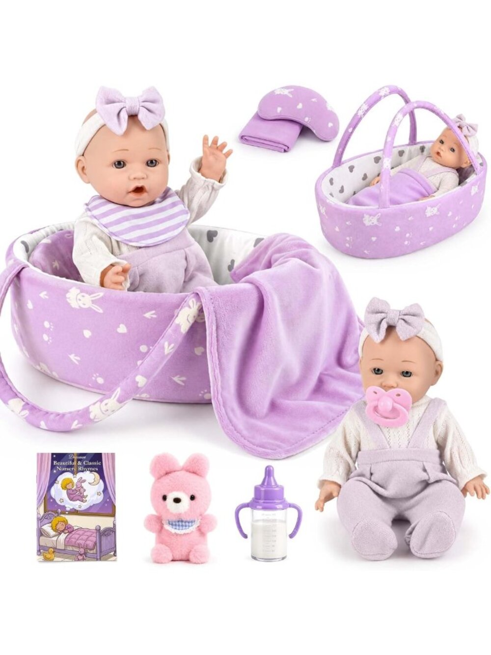 12in Baby Doll Set with Lavender Bassinet Blanket Feeding Care 11pc